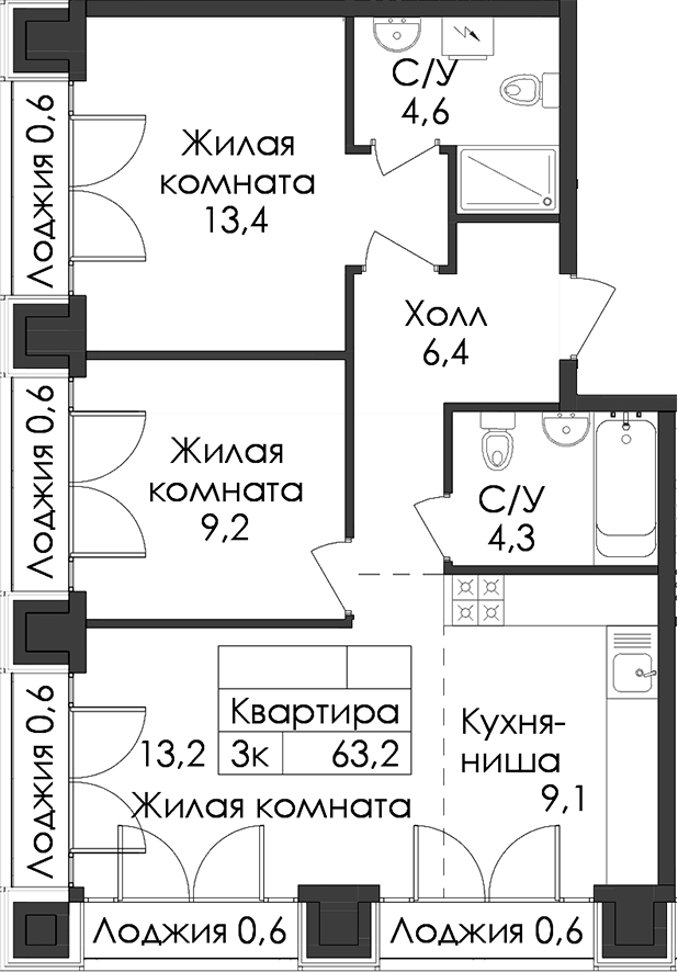 2-комнатная квартира 63.2 м², 9/9 эт., ЖК «Лермонтовский 54»